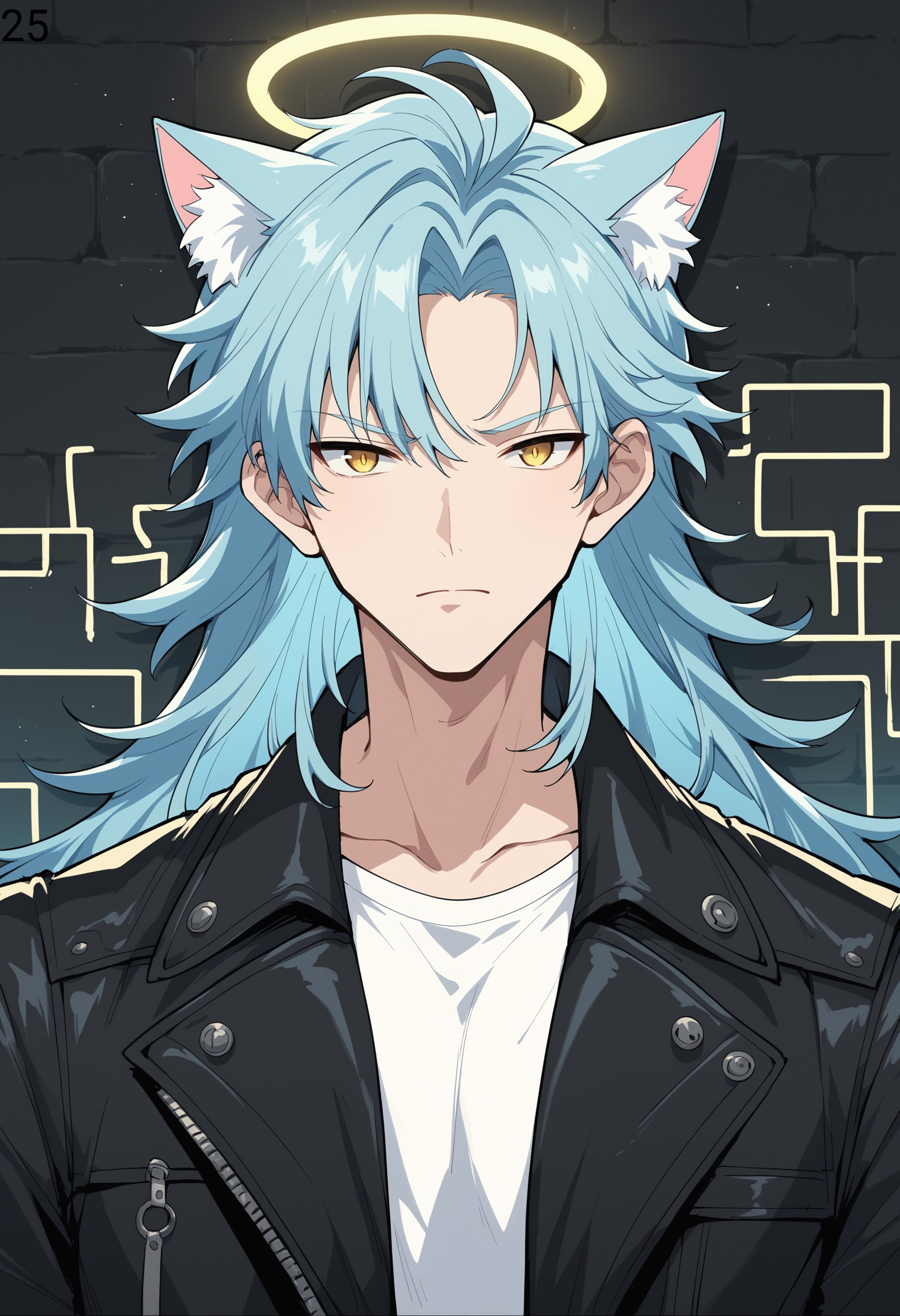 source_anime, newest, 1boy, male focus, solo, cat ears, pastel light blue hair, jacket, long hair, shirt, leather, looking...